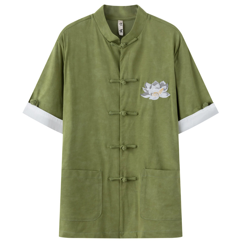《断码清仓》唐装男国潮短袖荷花原创刺绣夏新款宽松中国风复古男,男装,唐装,淘宝优惠券,粉丝福利购,淘宝优惠卷