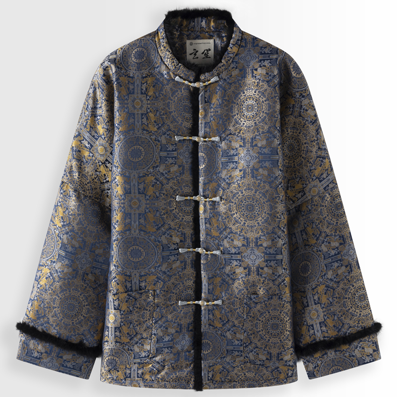 冬季中国风男装唐装男水貂领宽松棉服改良中式立领盘扣提花棉衣男
