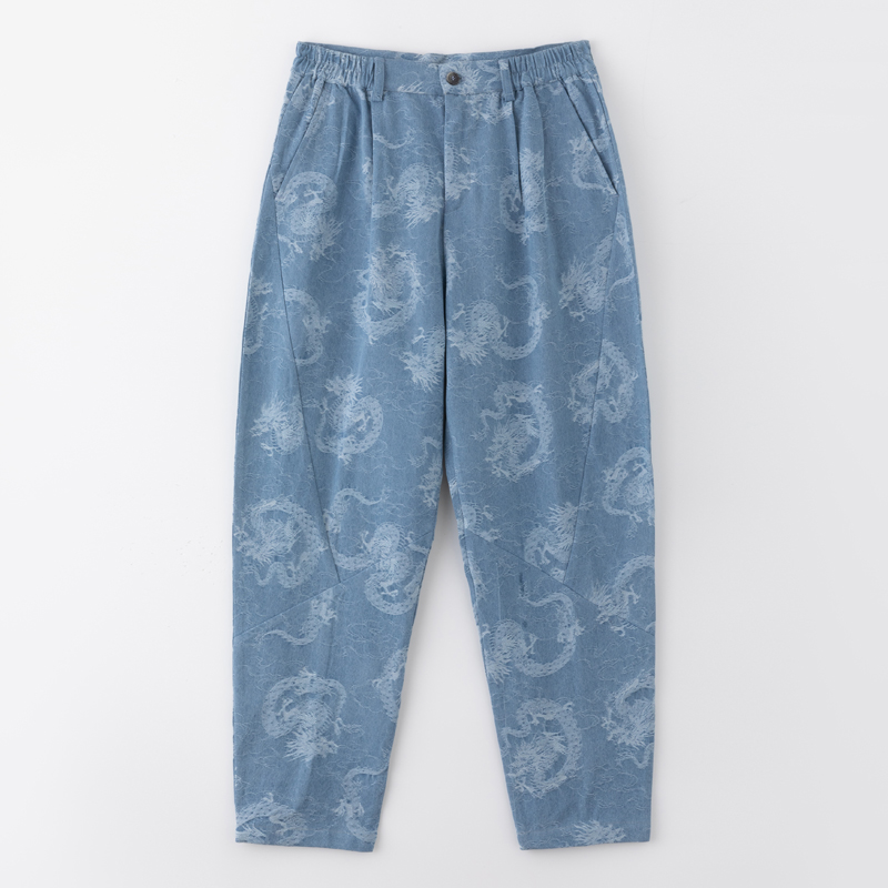 春季中国风国潮牛仔裤男龙纹提花休闲裤宽松小脚哈伦裤显瘦长裤男