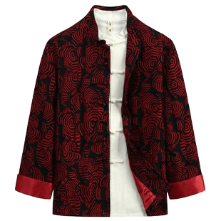 秋新款唐装男中国风国潮中式改良长袖红色提花外套原创中式上衣男