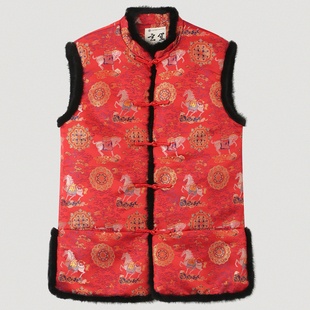 新中式风男士唐装马甲棉袄男中国风红色本命年水貂领盘扣坎肩棉服