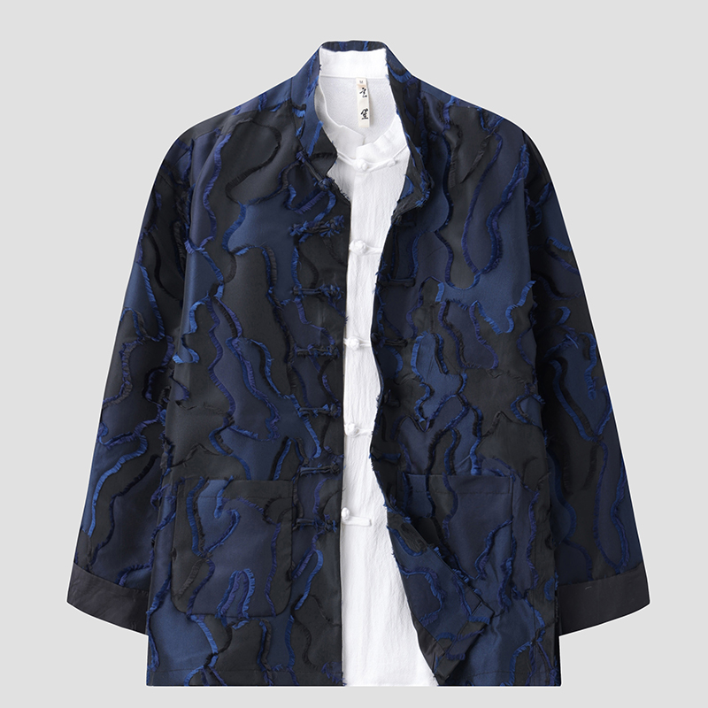 春秋季唐装男中国风立领宽松豹纹提花外套男国潮中式复古改良上衣