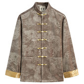 中式 秋冬唐装 男中国风男装 复古改良龙纹印花外套男手工盘扣上衣男