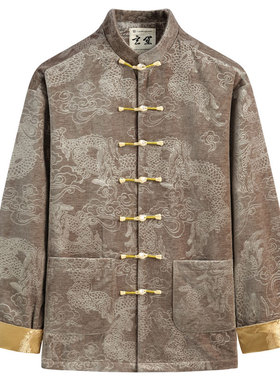 秋冬唐装男中国风男装中式复古改良龙纹印花外套男手工盘扣上衣男