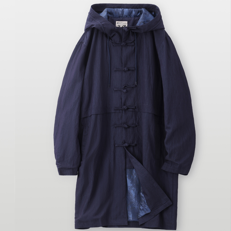 春秋季男士中国风唐装休闲外套中式复古改良中年男装长款连帽风衣