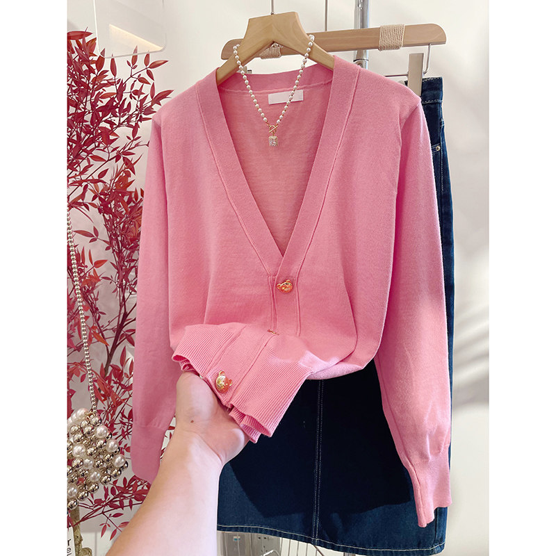 粉色毛衣外套女春秋高级感超好看的v领针织开衫法式奶系温柔上衣