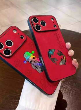 适用于iPhone 17 Pro Max新年财神爷皮纹壳 Air红色鲤鱼 苹果16 15 14 Plus 镭射发财13 12 11防摔手机壳批发