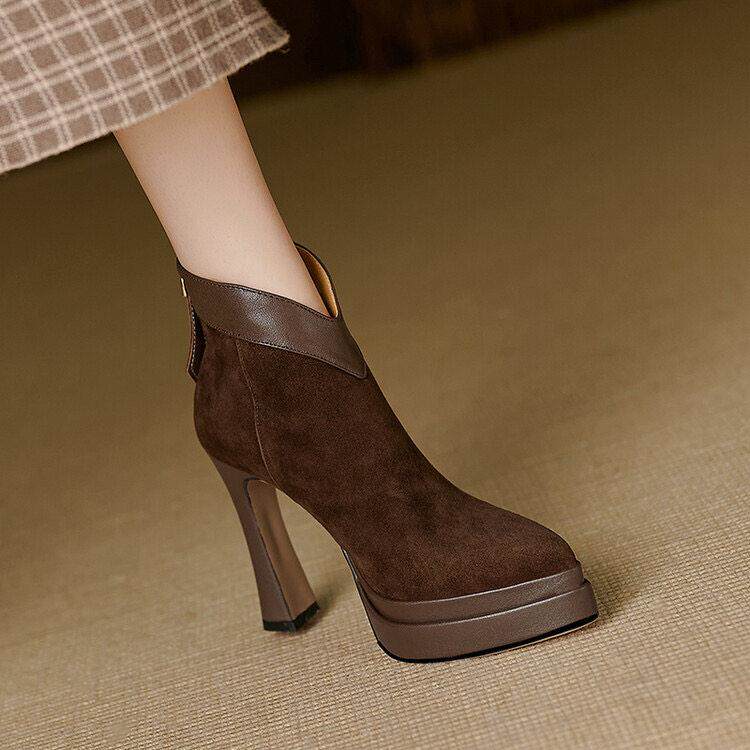 12cm里外全皮尖头短靴女粗跟超高跟鞋复古v口及踝靴防水台单靴子