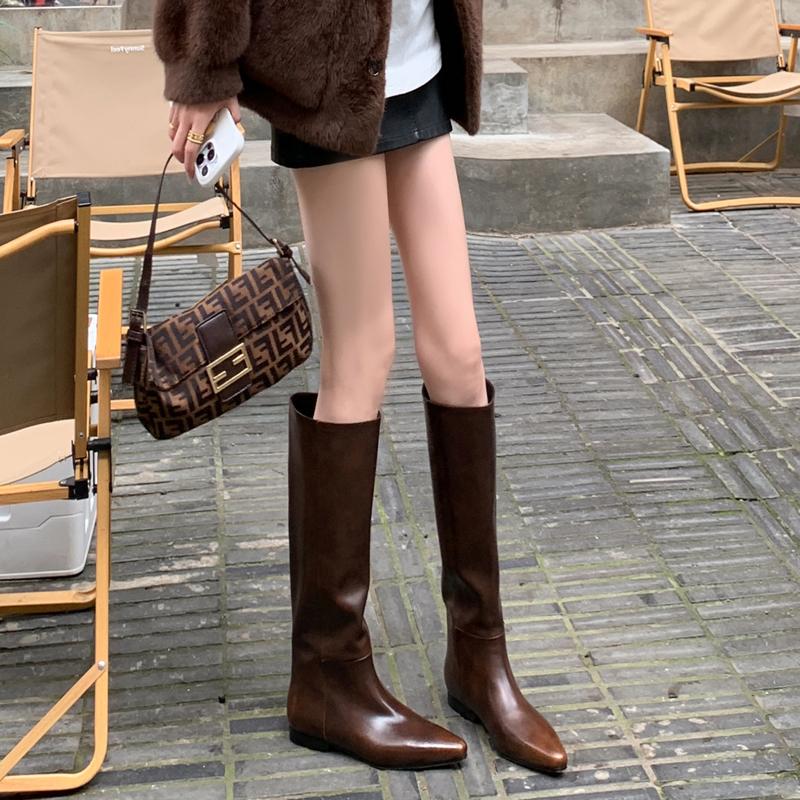 美拉德平底擦色高筒骑士靴女平口不过膝直筒长靴真皮尖头长筒靴子