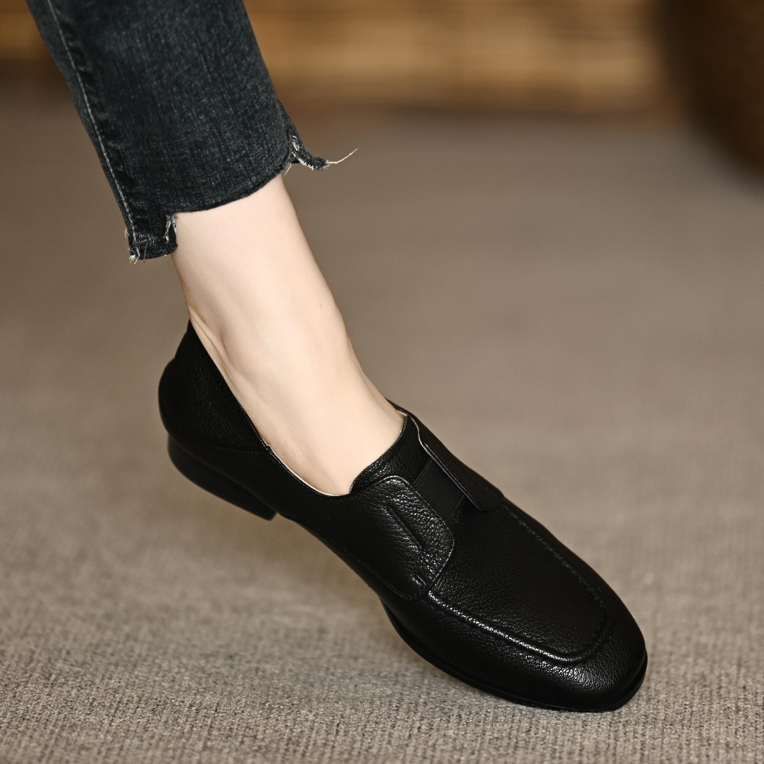 通勤软羊皮深口单鞋女新款春季圆头低跟一脚蹬两穿矮跟休闲乐福鞋