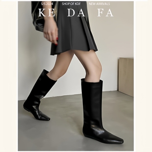 柯大发2025年冬季 尖头英伦风真皮高筒骑士靴低跟不过膝长筒靴 新款