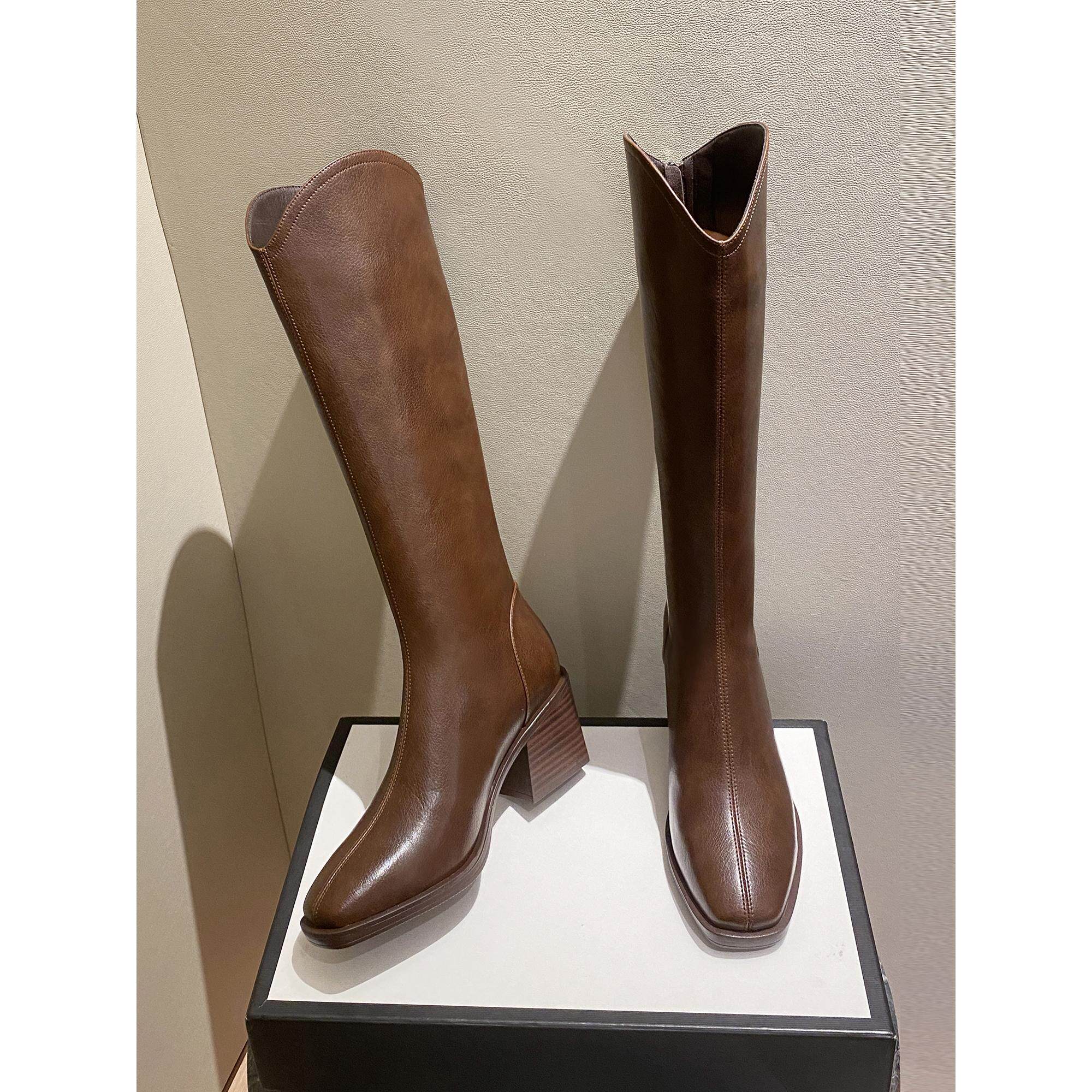 全牛皮棕咖色V口长筒靴女2025新款粗高跟真皮骑士靴大码高筒靴41