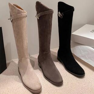 鹿皮绒面大筒围女冬靴大码靴子胖mm长靴加宽筒围骑士靴粗腿长筒靴