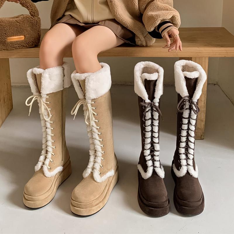 毛毛鞋女毛口加绒骑士棉鞋雪地靴女冬季加厚高筒两穿过膝长筒靴子