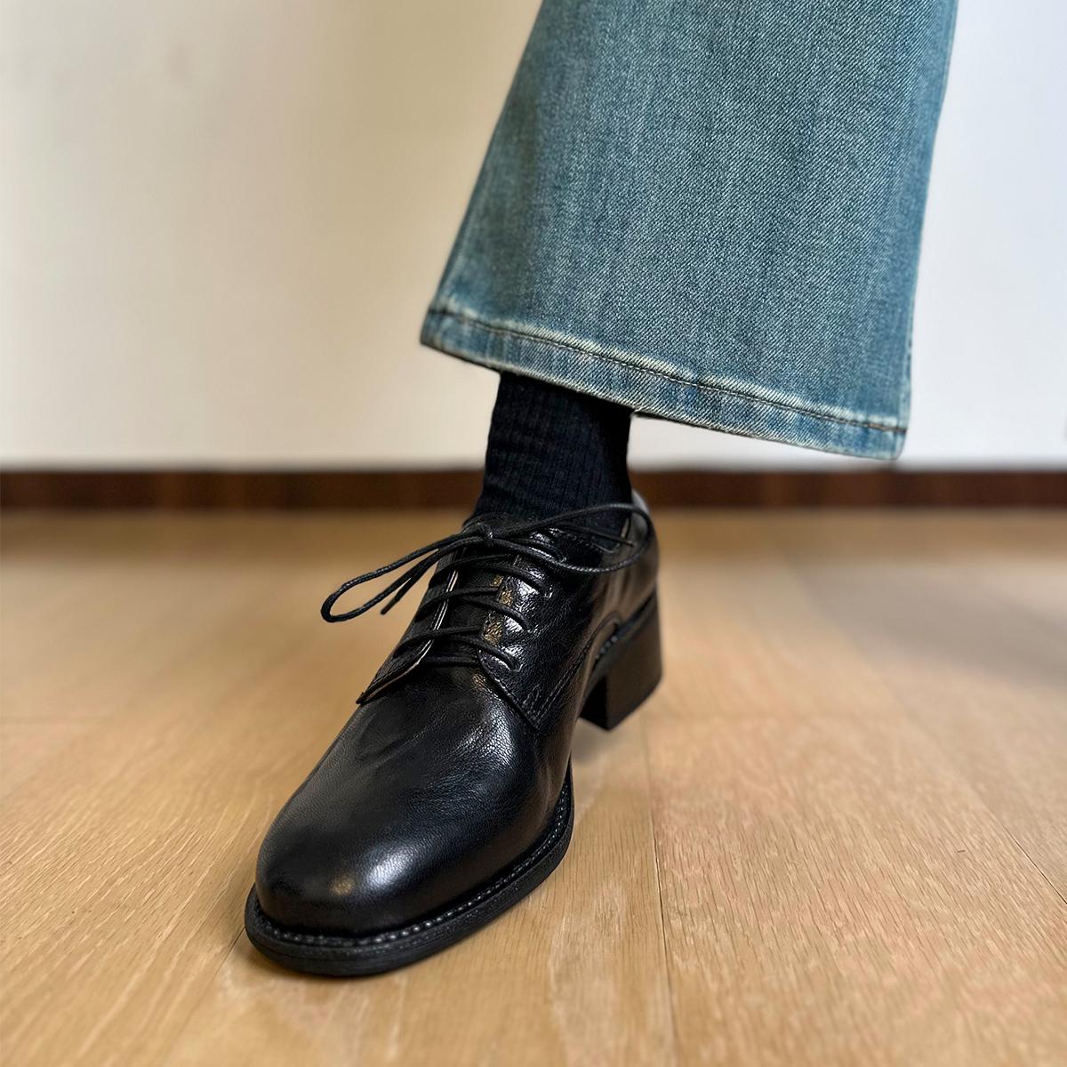 Find First静音底英伦加绒羊皮德比系带小皮鞋女粗跟高跟深口单鞋