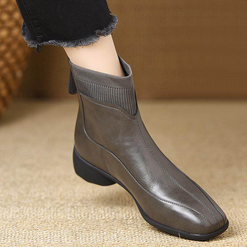 樱蔓堇~2025秋冬新款4.5厘米粗跟方头松紧口后拉链头层牛皮短靴女