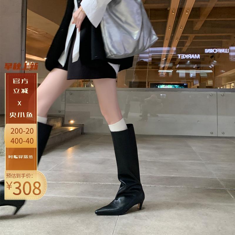 央小鱼 黄亦玫同款5CM尖头低跟高筒骑士靴秋冬大牌感高跟长靴子女
