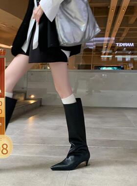 央小鱼 黄亦玫同款5CM尖头低跟高筒骑士靴秋冬大牌感高跟长靴子女