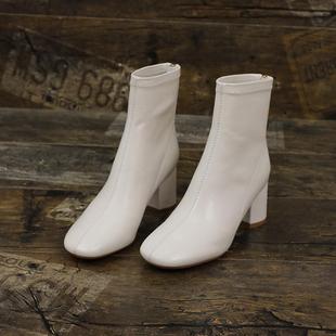 月月家粗跟圆头真皮短靴女2025秋冬新款 羊皮高跟弹力瘦瘦女靴 时尚