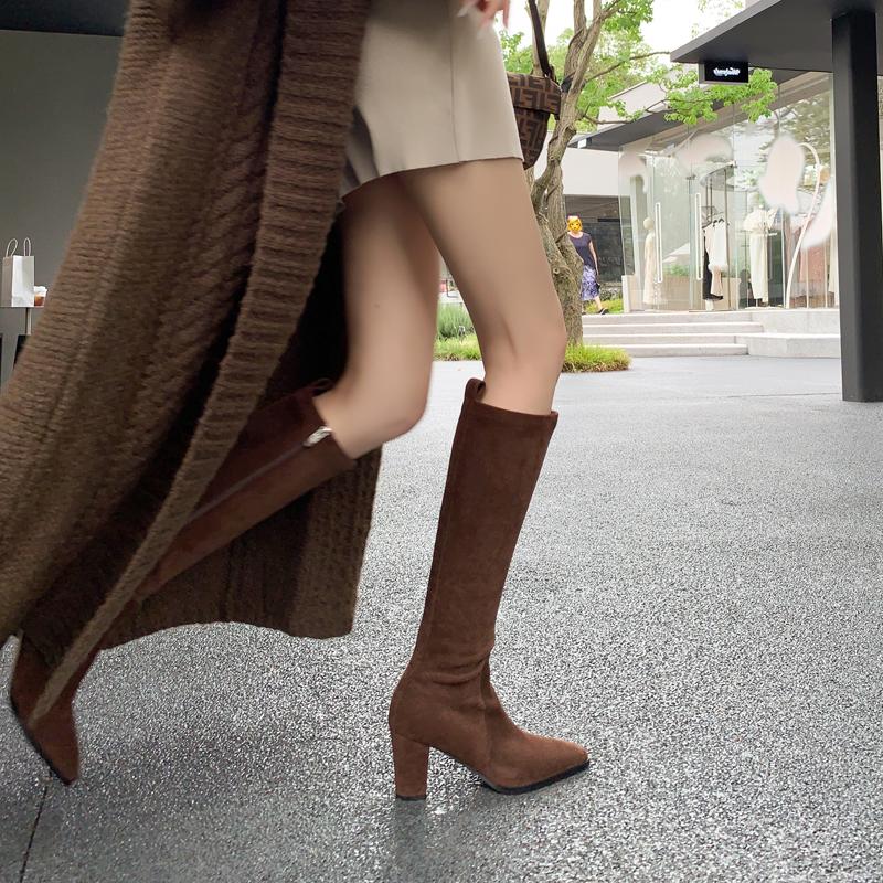 矮个子咖色棕色包腿弹力高跟长靴女不过膝长筒靴子绒面粗跟高筒靴