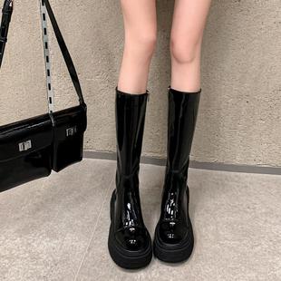 WLi手工鞋 履圆头厚底辣妹显瘦显腿直高筒靴女音乐节穿搭中跟长靴