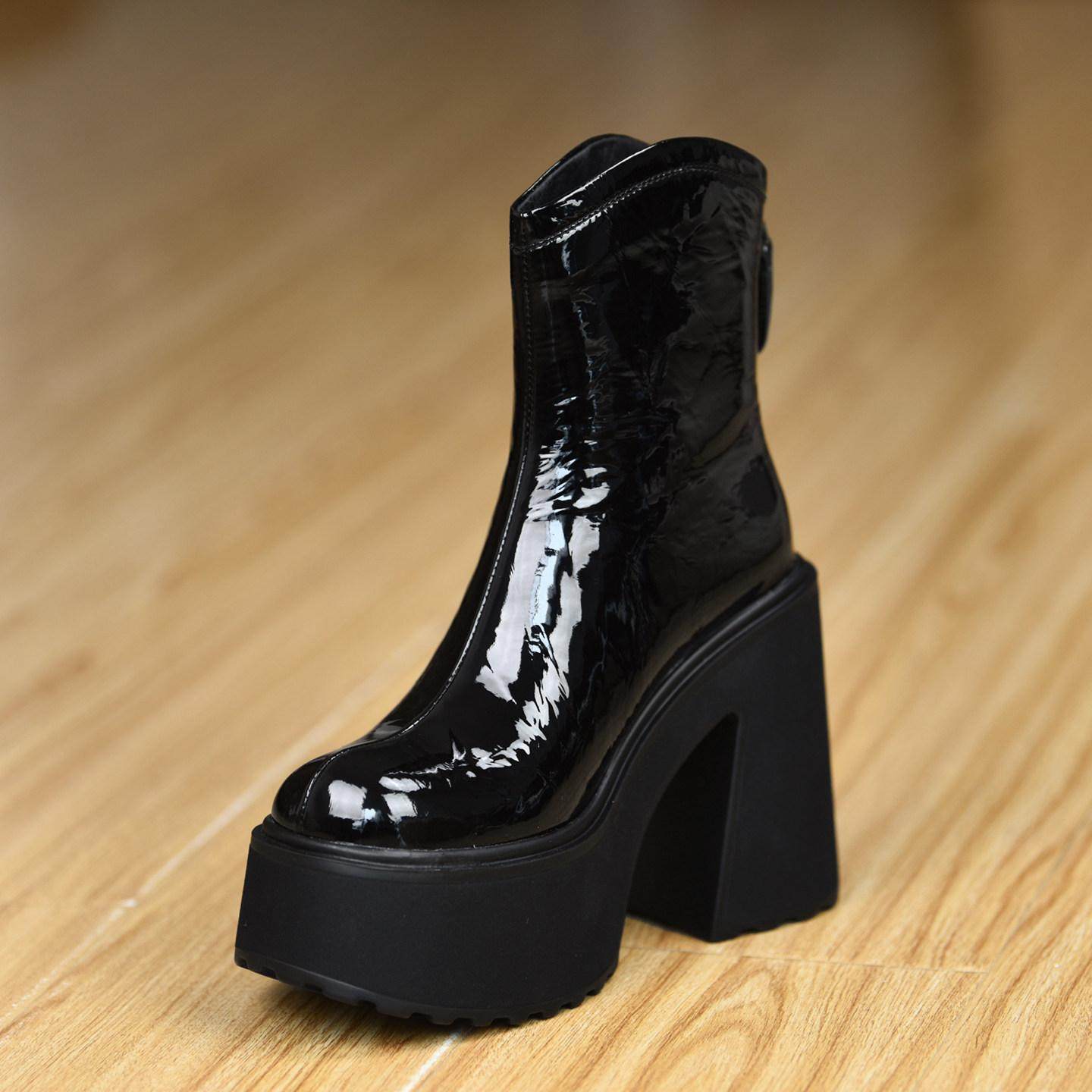 misili~12cm 马丁粗跟短靴2025秋冬季新款高跟鞋防水台厚底女靴子