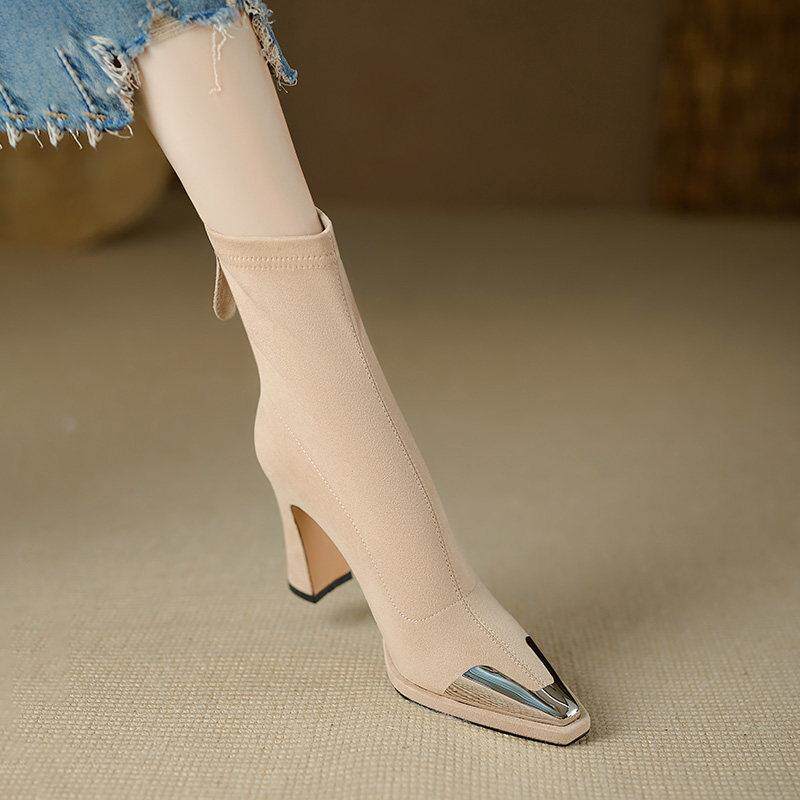 修悦手工女鞋小个子防水台高跟瘦瘦弹力靴金属尖头时装靴粗跟短靴