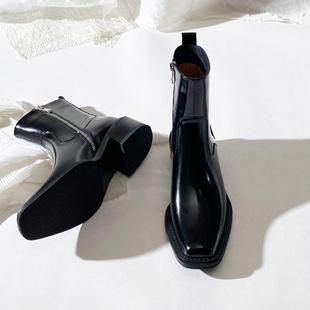 莲花府邸2025冬季 英伦风粗跟方头切尔西靴显瘦短靴气质侧拉链 新品