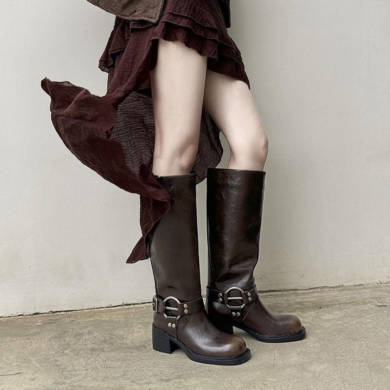 洋气到炸裂~！朋克废土风机车靴金属扣擦色骑士靴增高高筒长靴女