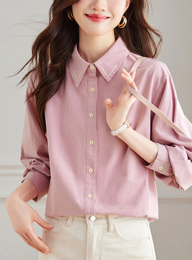 精梳棉衬衣女长袖2026春秋上衣简约精致纯棉通勤女式衬衫休闲百搭