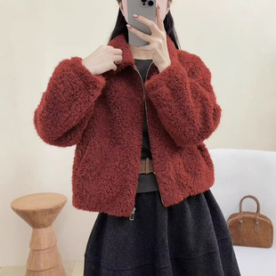 新年红羊羔毛外套女短款加厚冬25新款宽松高级感洋气毛绒外套小个