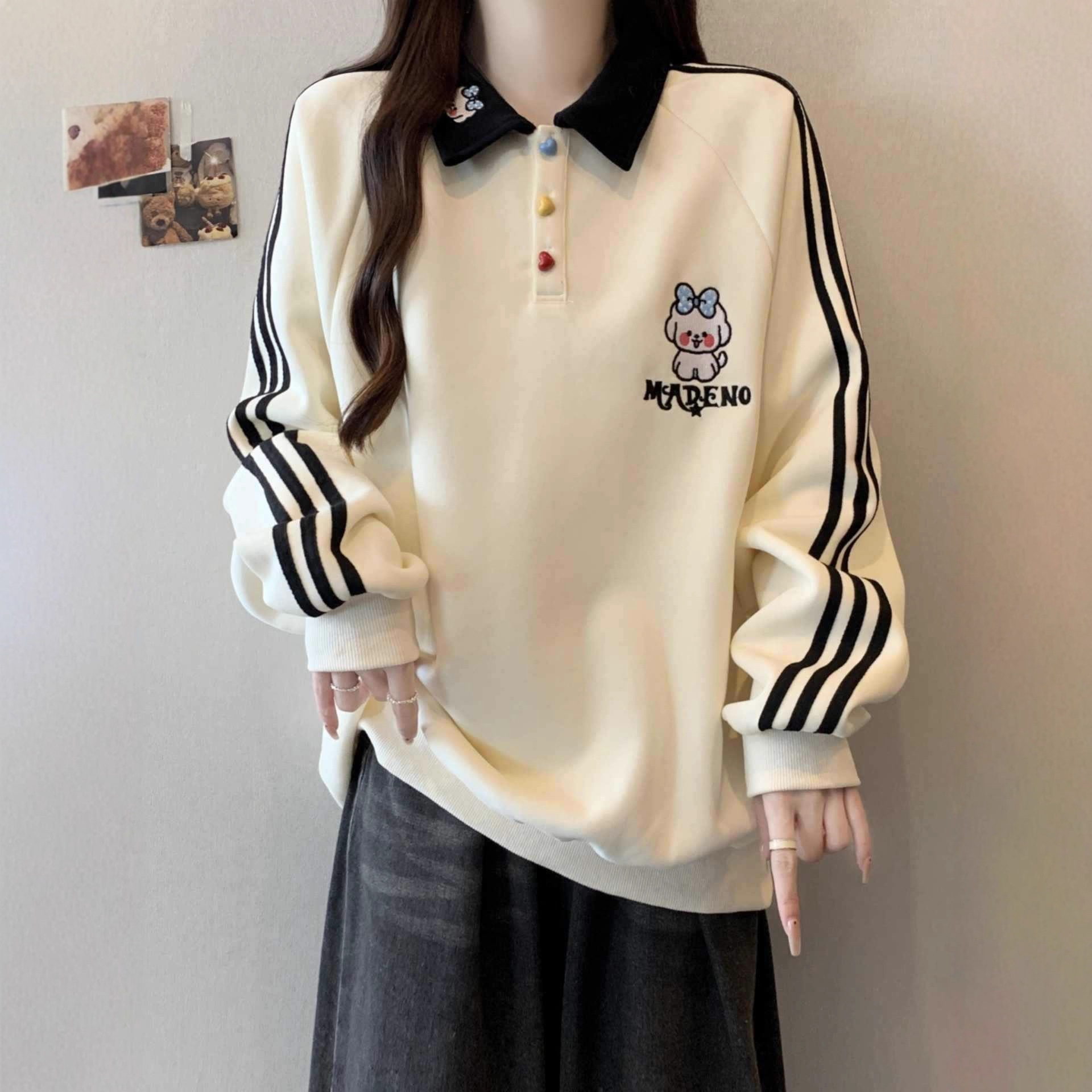大码女装学院风小狗刺绣POLO领条纹卫衣女秋冬胖妹妹洋气百搭上衣