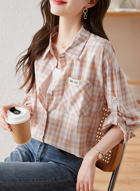 紫色格子衬衫女长袖港风文艺复古上衣2026春秋装新款纯棉上衣衬衣