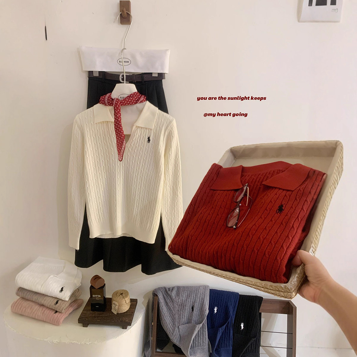 气质半开polo翻领长袖麻花小马刺绣针织衫女秋季洋气休闲百搭上衣