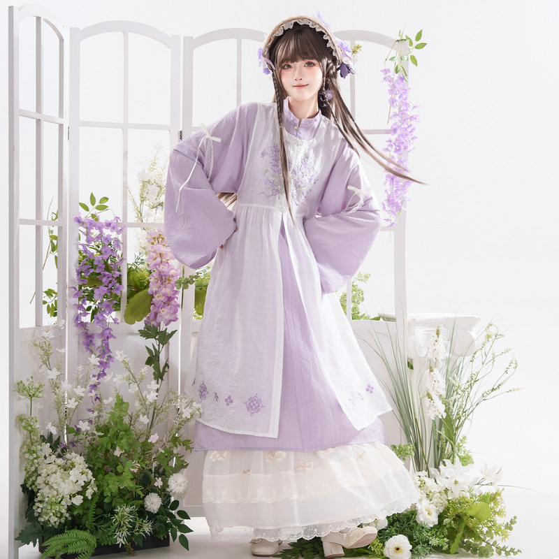 汉尚华莲明制改良汉服天丝长比甲[茸茸小狗]立领连衣裙日常套装春图片