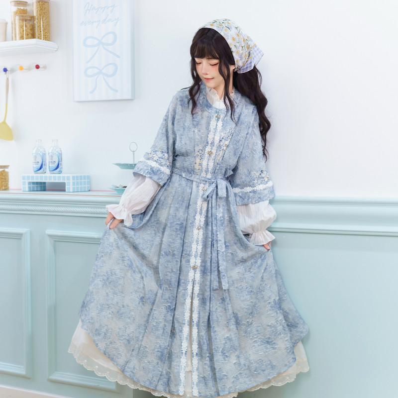 汉尚华莲改良明制长衫[风信团团]汉服女晕染蓝刺绣连衣裙长款春夏