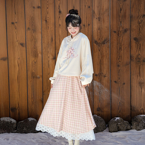 汉尚华莲[似蝶]改良汉服女连帽卫衣粉色格子半身裙日常套装秋冬