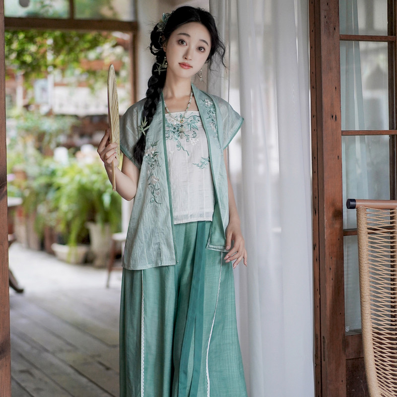 汉尚华莲宋制改良褙子[清夏]汉服女青提刺绣短褙子短裤日常套装夏图片