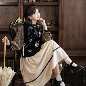 汉尚华莲[逻辑猫]原创汉服女黑色毛绒比甲马甲日常连衣裙套装秋冬