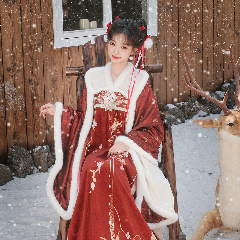 汉尚华莲[繁锦]原创汉服女假两件齐胸连衣裙披肩过年服新年服套装