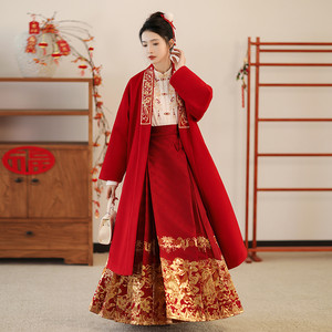 汉尚华莲嬉嬉貔貅直领长披袄新年红色外套秋冬款女毛呢中长款汉服