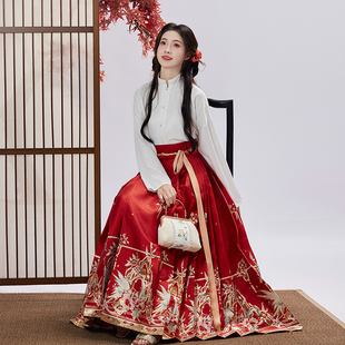 明制红色织金马面裙女新年服婚服订婚汉服套装 汉尚华莲 灵栖丹山