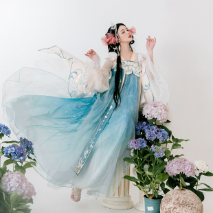 齐胸褶裙汉元 刺绣唐制一片式 素改良日常汉服 蝶梦春山 汉尚华莲