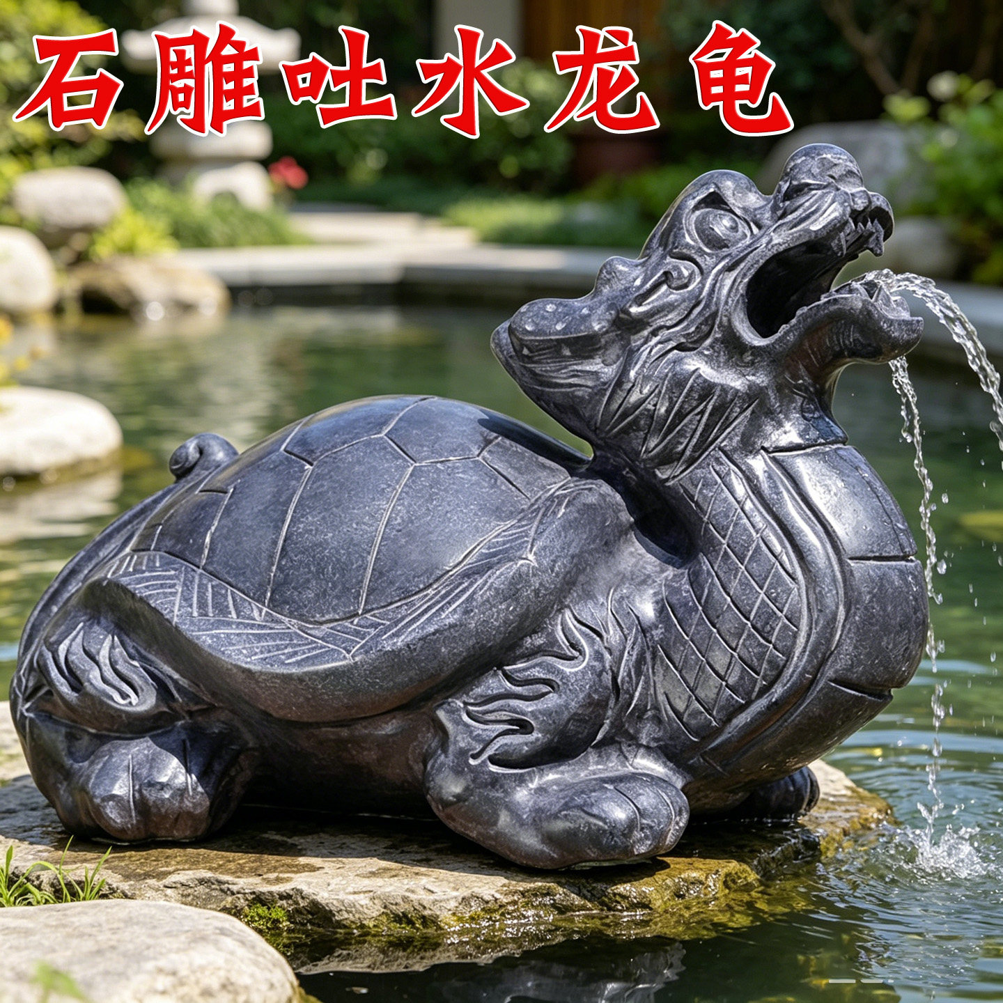 石雕青石吐水龙龟乌龟摆件一对家用招财鱼缸茶宠天然石头流水龙龟