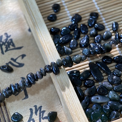 天然黑曜石3*5mm有孔碎石手工diy串珠子手链项链饰品配件材料S129