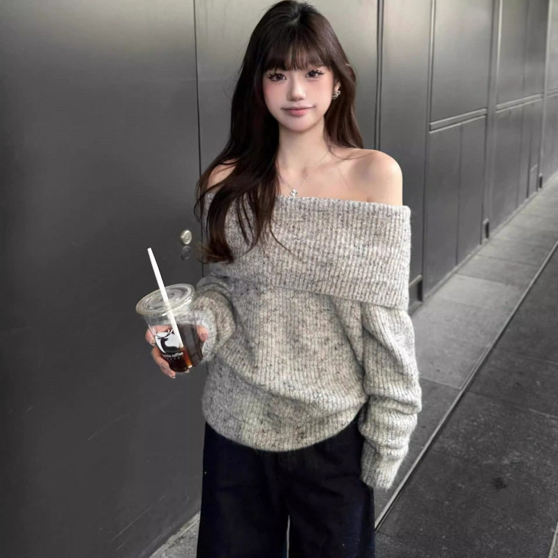 秋冬松弛感一字肩女款针织衫