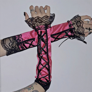 Y2K辣妹亚比蕾丝质交叉绑丝带cos表演跳舞复古哥特欧美长款手袖套