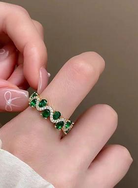 祖母绿锆石戒指女小众设计指环2024新款爆款轻奢高级感食指开口戒