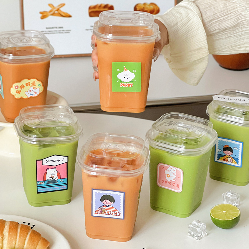美涤一次性奶茶杯子外带塑料带盖