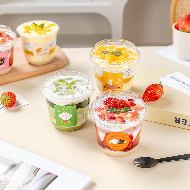 透明一次性酸奶杯子包装盒食品级便携塑料甜品布丁带勺盖家商专用